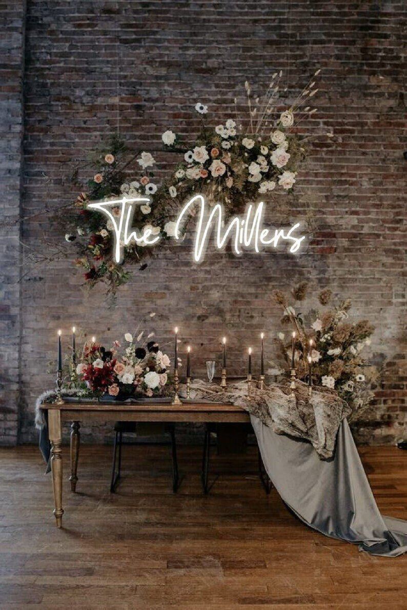 Custom Wedding Neon Sign – “The Millers” Name Sign for Reception Backdrop Decor