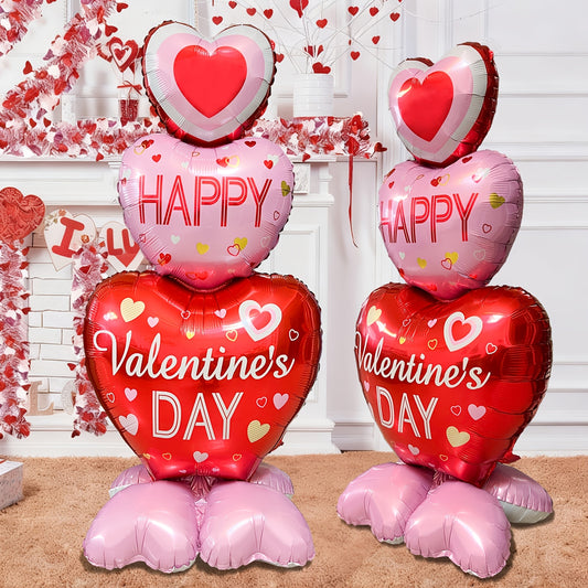 2pcs Standing Valentine's Day Aluminum Foil Balloon, Pink Heart Base with Red and Pink Color