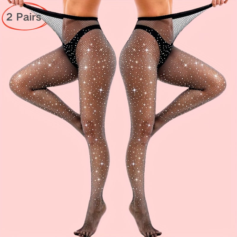 2 Pairs Women'S Rhinestone-Embellished Fishnet Tights