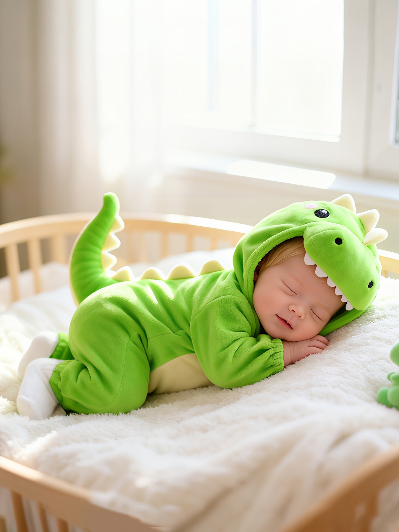 Unisex Green Dinosaur Bodysuit with Hood and Tail - Cute 3D Animal Theme Soft Baby Romper for Autumn/Winter