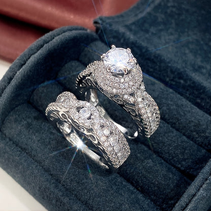 2pcs Set Luxury Elegant Wedding Ring, Micro Pave Synthetic Zirconia