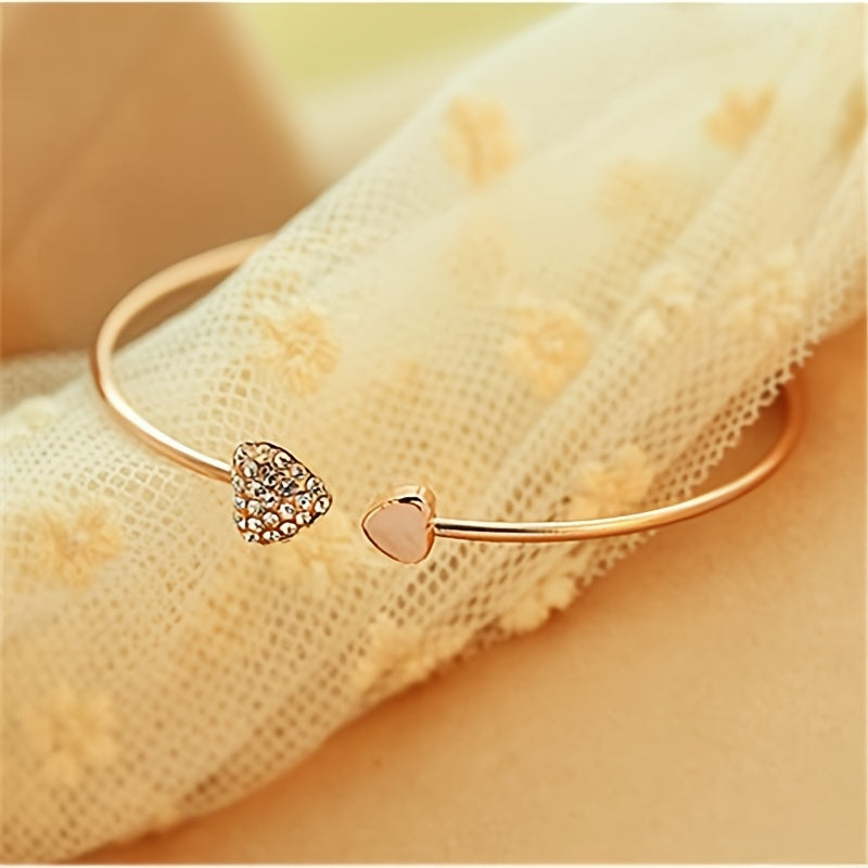 Simple Style Love Heart Open Bangle Bracelet Inlaid Shiny Rhinestone Simple Style