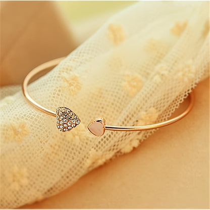 Simple Style Love Heart Open Bangle Bracelet Inlaid Shiny Rhinestone Simple Style