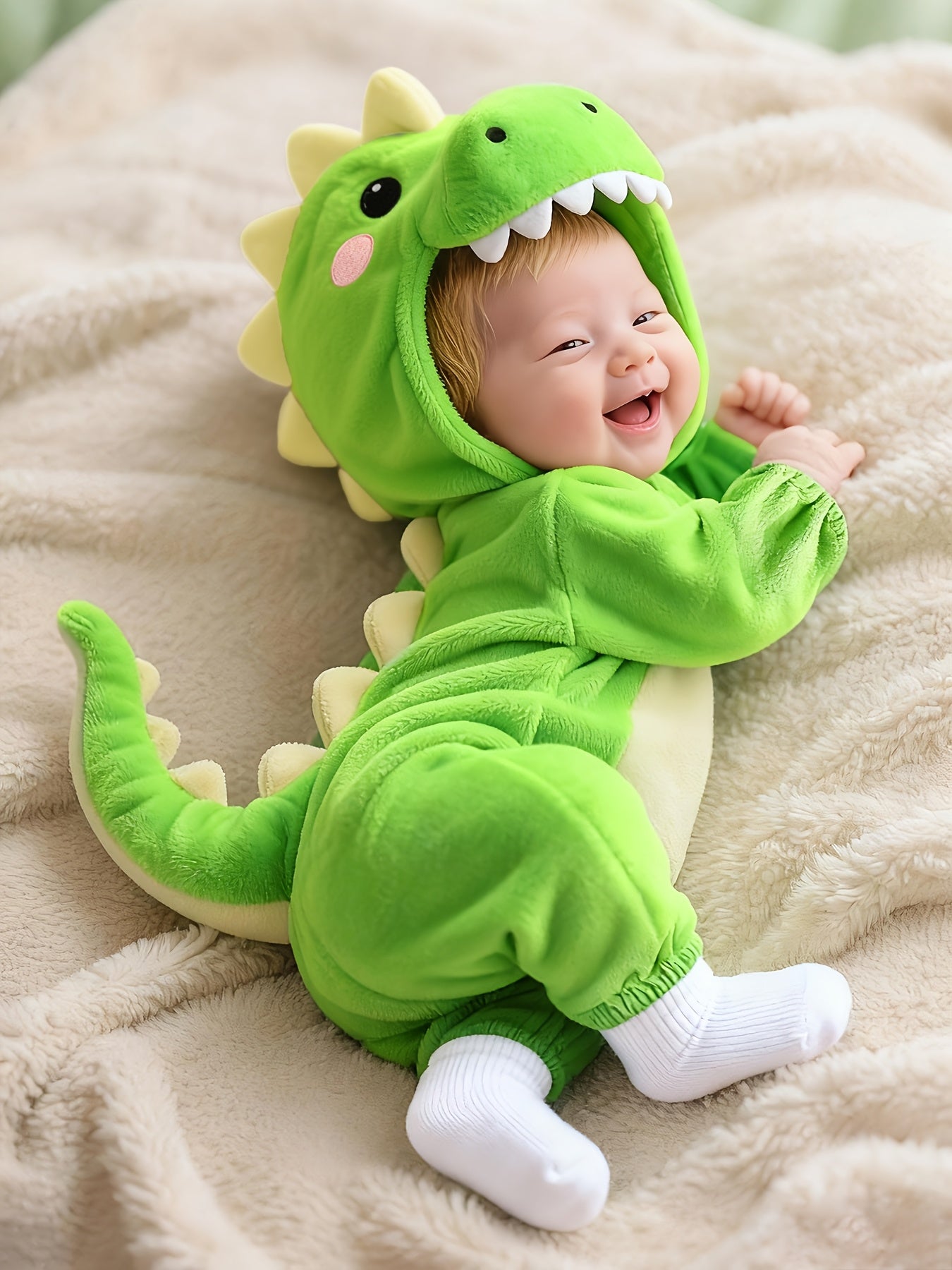 Unisex Green Dinosaur Bodysuit with Hood and Tail - Cute 3D Animal Theme Soft Baby Romper for Autumn/Winter