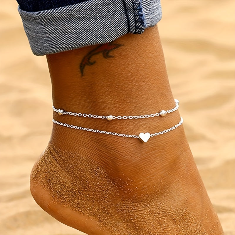 Trendy Minimalist Delicate Chain Bead Heart-shaped Beach Anklet