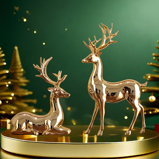 2pcs Large Solid Reindeer in Champagne Golden and Silvery, Festive Home Living Room Desk Craft Gift Decorative Ornament