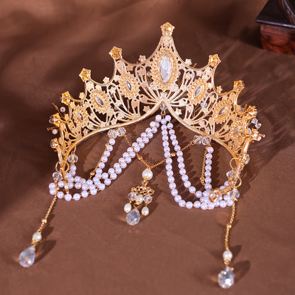 Baroque Crown Tiara Headband for Women - Elegant Golden-Tone Metal with Intricate Floral Design