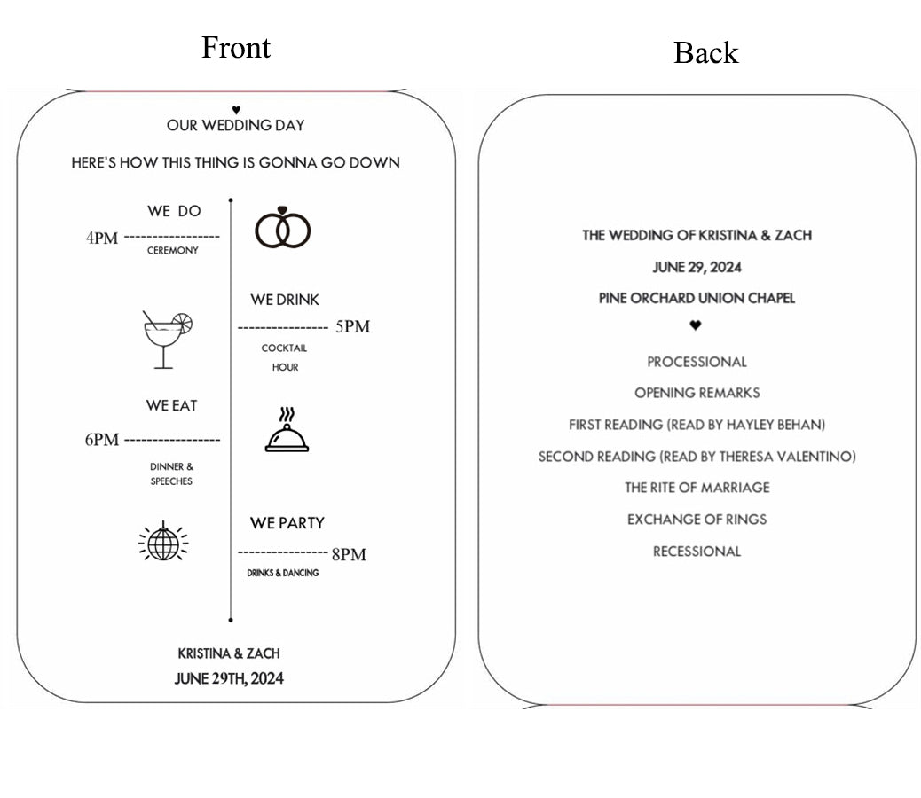 Wedding timeline card with front and back views on a white background