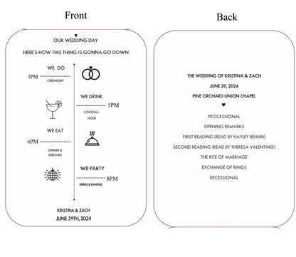 Wedding timeline card with front and back views on a white background
