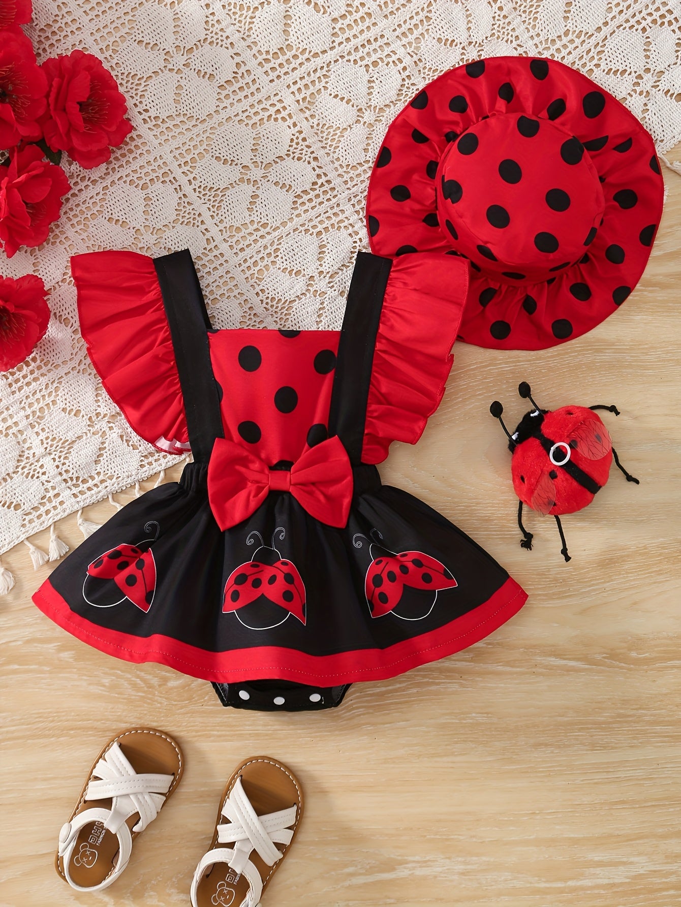 2pcs Set Girls' Summer Ladybug Print Sleeveless Dress with Adjustable Straps & Ruffled Collar + Polka Dot Sun Hat