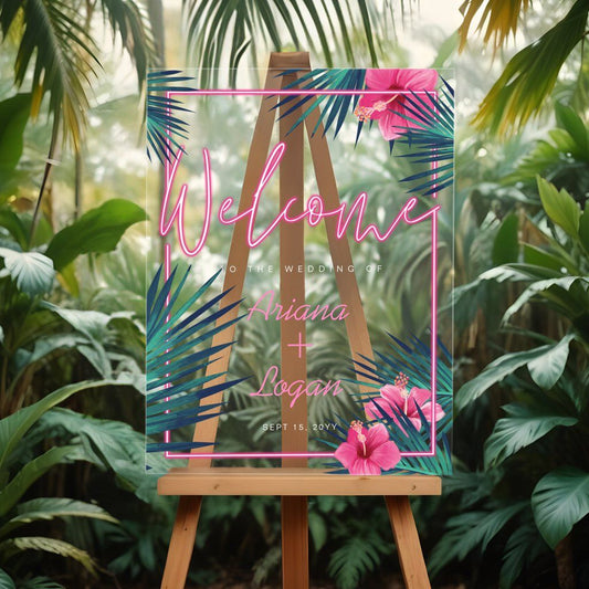 Welcome Wedding Neon Sign Pink Tropical Floral Palm Wedding Acrylic Sign