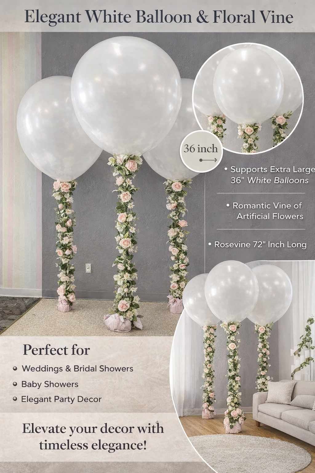 36” Giant Balloon with 72” Rose Vine Set for Elegant Wedding & Event Decor