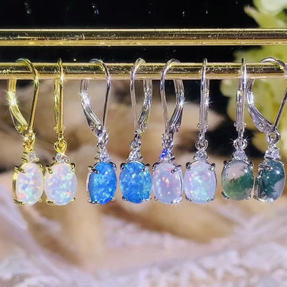 S925 Round-Cut Opal Drop Earrings, Featuring Green Fire Opal, Rhodium-Plated, Designed for Women, Weighing 2.2G.