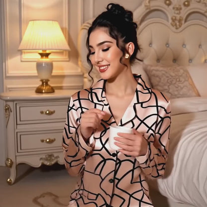 Women'S Satin Pajama Set with Geometric Print - Long Sleeve, Wide-Leg Pants, Comfortable