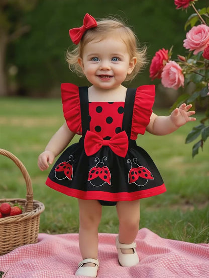 2pcs Set Girls' Summer Ladybug Print Sleeveless Dress with Adjustable Straps & Ruffled Collar + Polka Dot Sun Hat