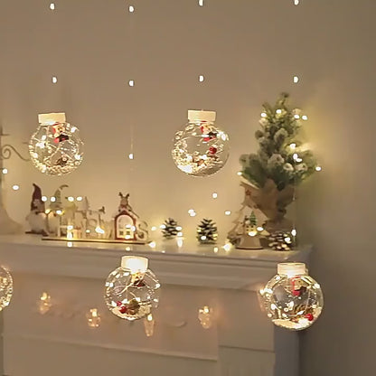 LED Christmas Curtain Lights with Wishing Ball & Snowman Tree Hanging Decorations