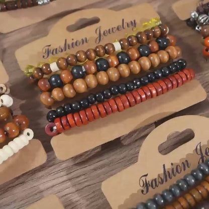 36-Pack Assorted Wooden Beaded Bracelets, Uncoated Metal, Zinc Alloy Charms, Women's Men's Fashion Jewelry