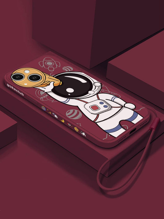 Burgundy Cartoon Astronaut Phone Case With Lanyard - Lasercutwraps Shop