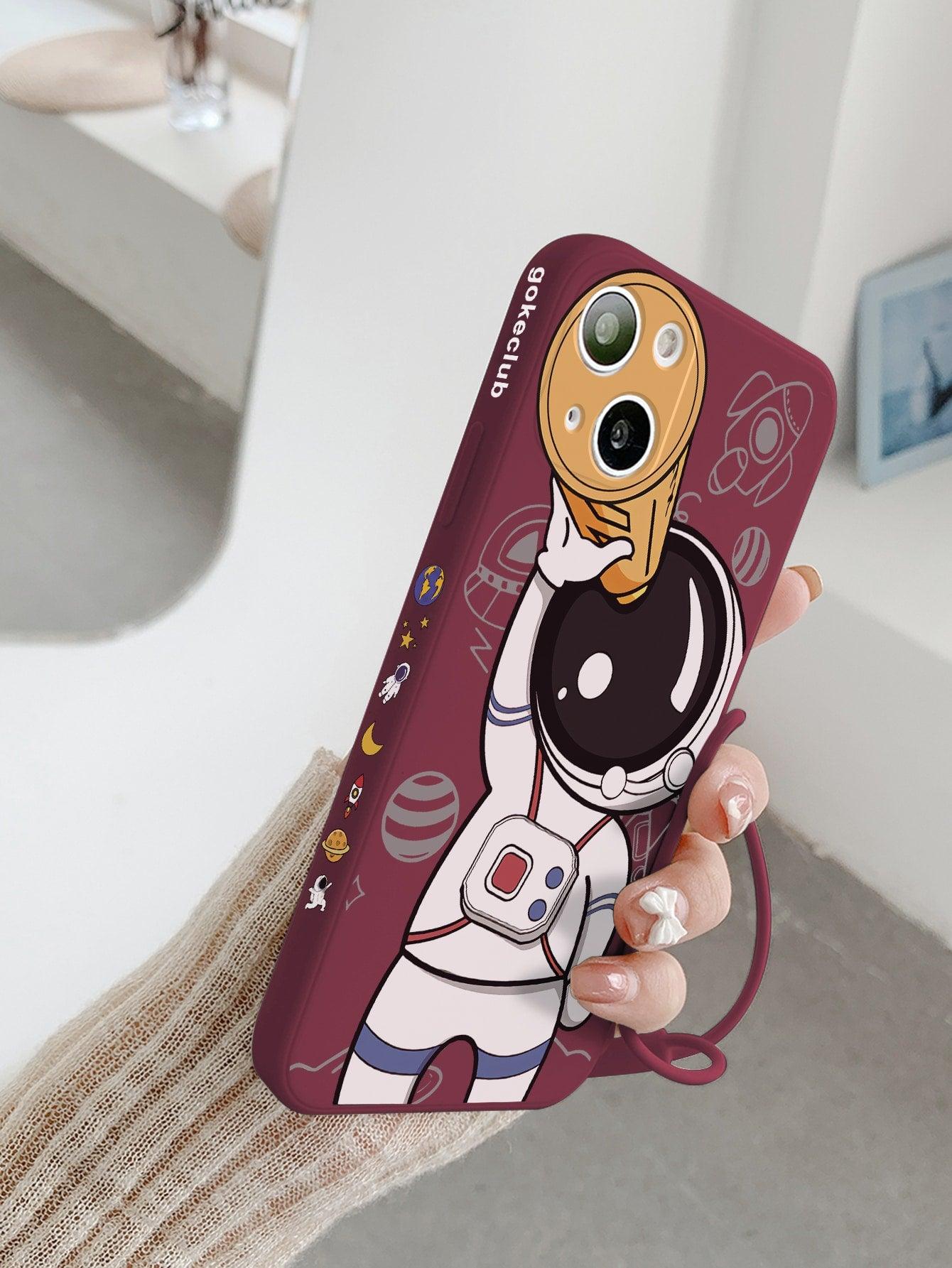 Burgundy Cartoon Astronaut Phone Case With Lanyard - Lasercutwraps Shop