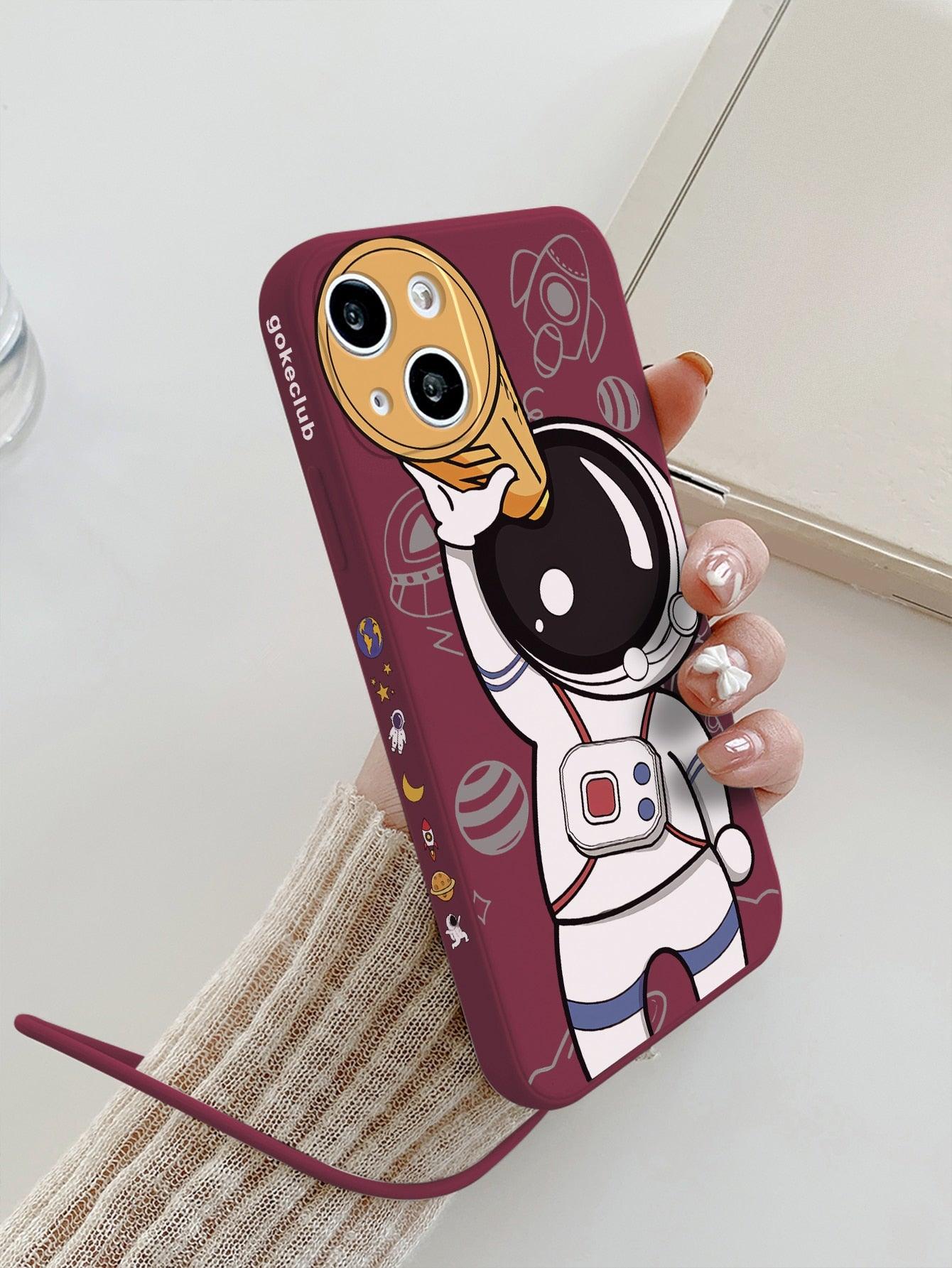 Burgundy Cartoon Astronaut Phone Case With Lanyard - Lasercutwraps Shop