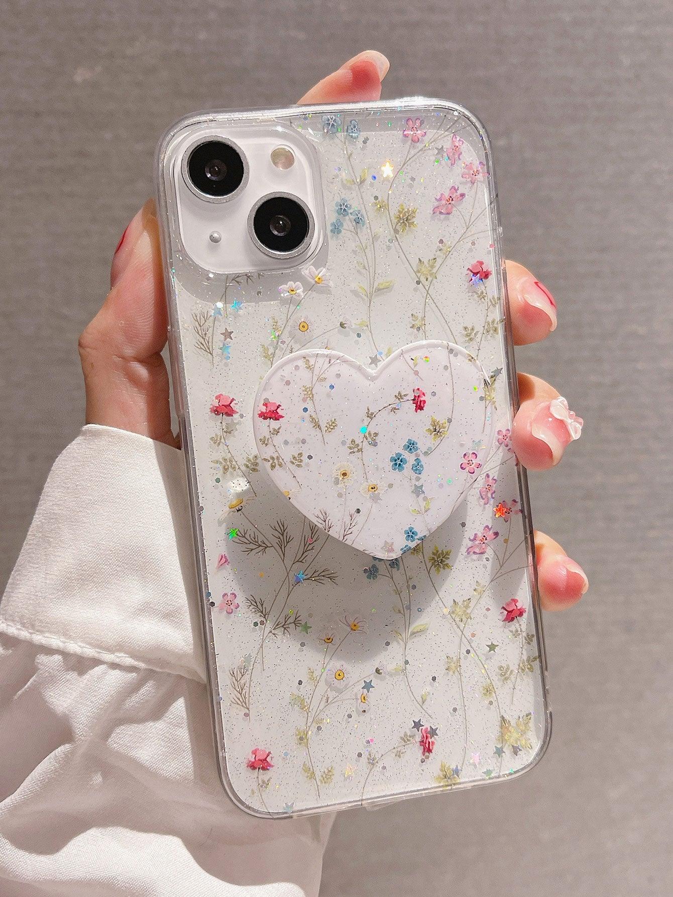 Floral Phone Case With Heart Stand-Out Phone Grip - Lasercutwraps Shop