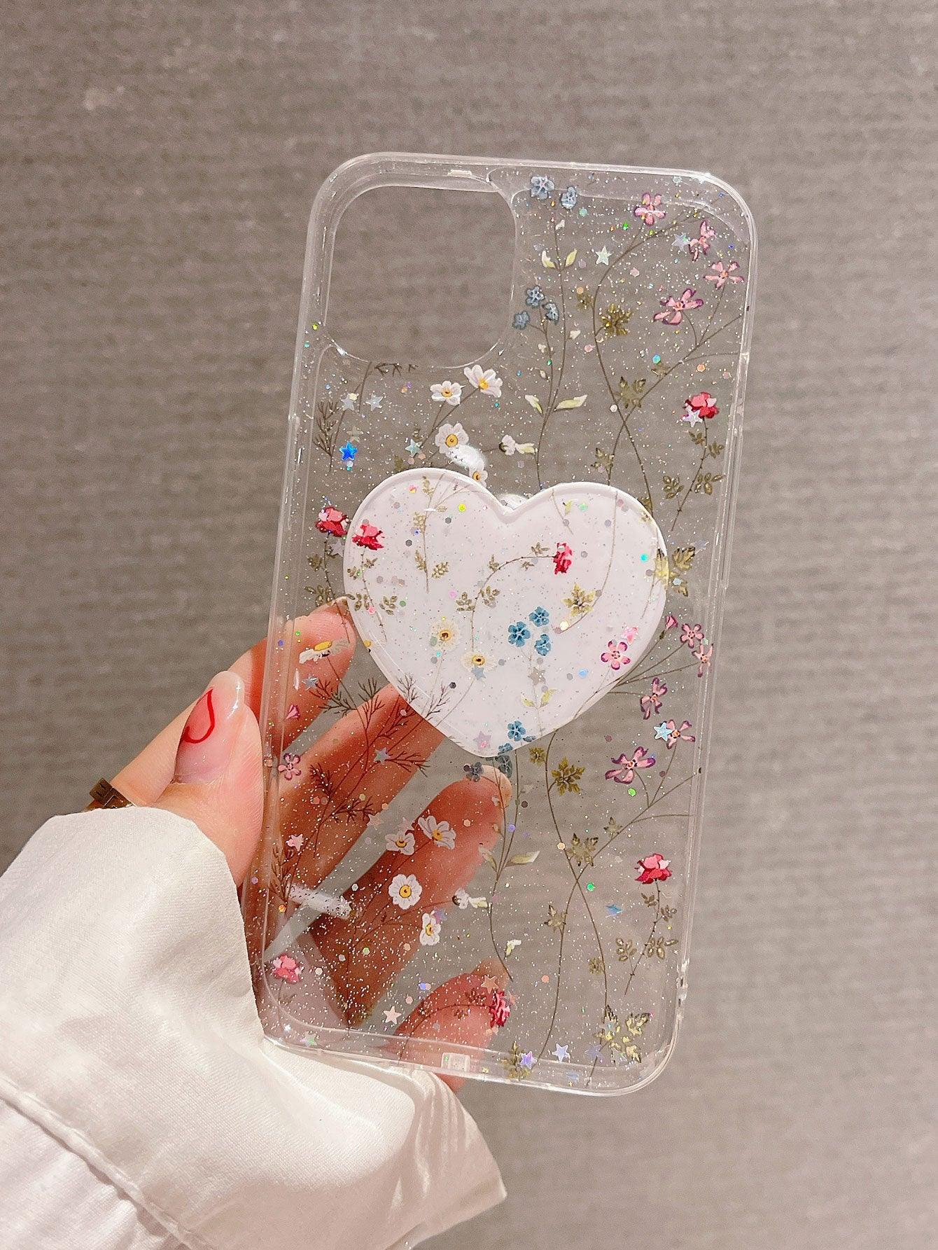 Floral Phone Case With Heart Stand-Out Phone Grip - Lasercutwraps Shop