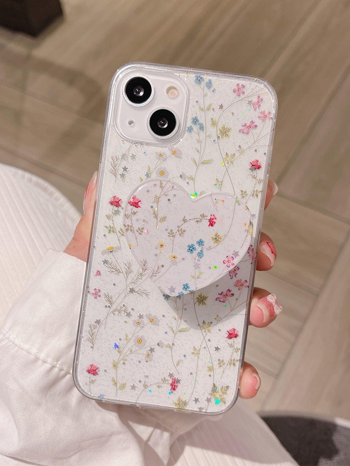 Floral Phone Case With Heart Stand-Out Phone Grip - Lasercutwraps Shop