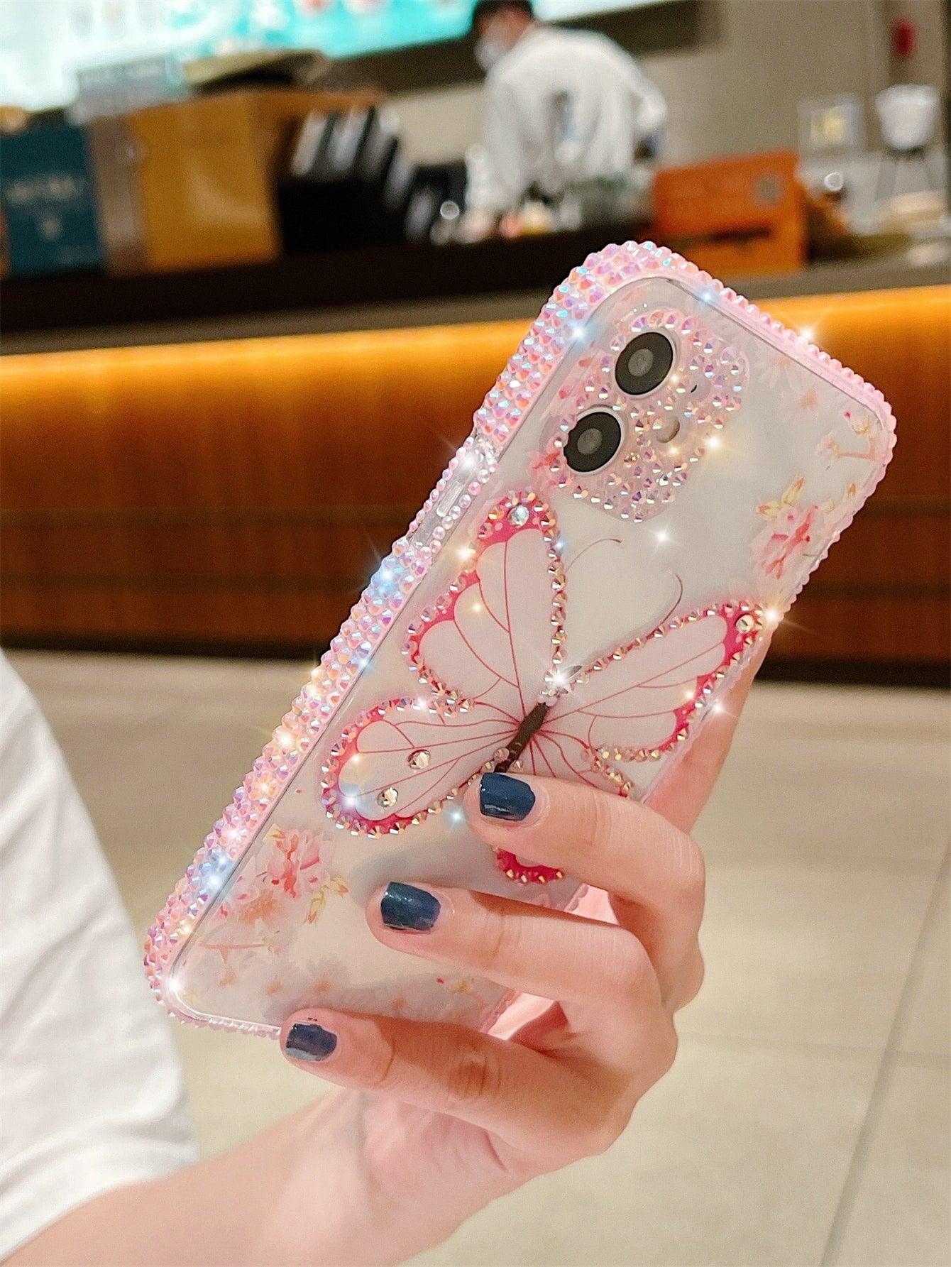 Pink Rhinestone Decor Butterfly Print Clear Phone Case - Lasercutwraps Shop