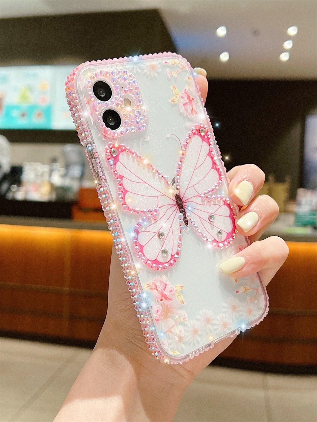 Pink Rhinestone Decor Butterfly Print Clear Phone Case - Lasercutwraps Shop