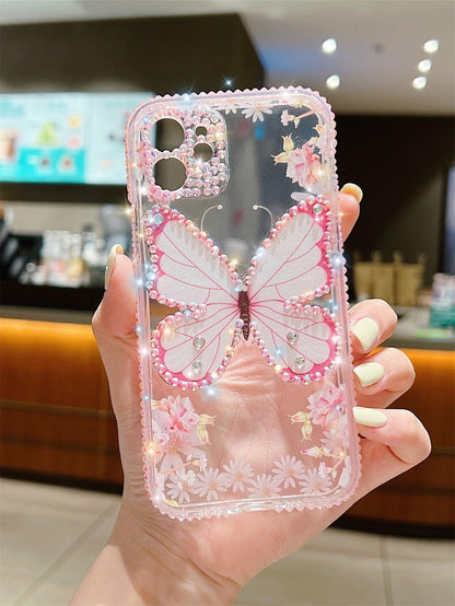 Pink Rhinestone Decor Butterfly Print Clear Phone Case - Lasercutwraps Shop