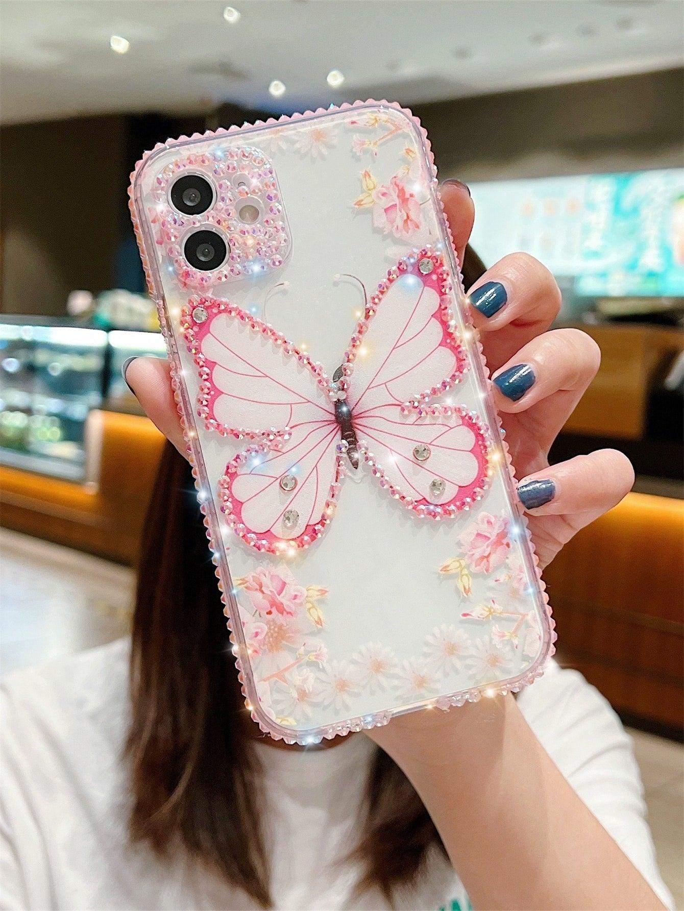 Pink Rhinestone Decor Butterfly Print Clear Phone Case - Lasercutwraps Shop