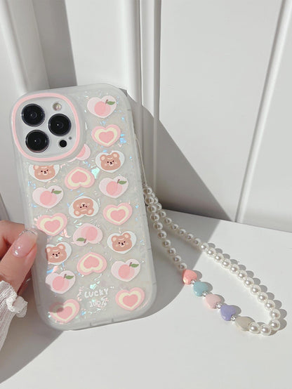 Cartoon Bear & Peach Print Phone Case With Lanyard - Lasercutwraps Shop