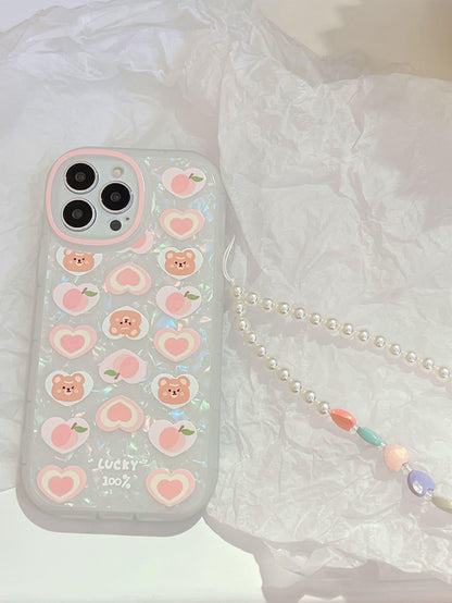 Cartoon Bear & Peach Print Phone Case With Lanyard - Lasercutwraps Shop