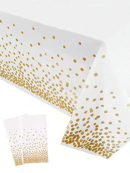 1pc White Tablecloth With Gold Dots, Disposable Plastic Tablecloth, Plastic Table Cover, White Tablecloth, Plastic Tablecloth Cover , Gold Tablecloth For Party Decoration - Lasercutwraps Shop