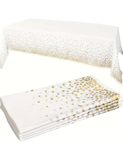 1pc White Tablecloth With Gold Dots, Disposable Plastic Tablecloth, Plastic Table Cover, White Tablecloth, Plastic Tablecloth Cover , Gold Tablecloth For Party Decoration - Lasercutwraps Shop