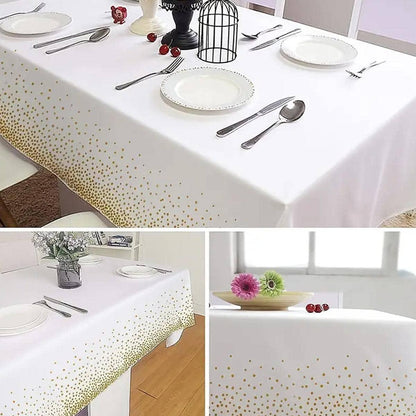 1pc White Tablecloth With Gold Dots, Disposable Plastic Tablecloth, Plastic Table Cover, White Tablecloth, Plastic Tablecloth Cover , Gold Tablecloth For Party Decoration - Lasercutwraps Shop