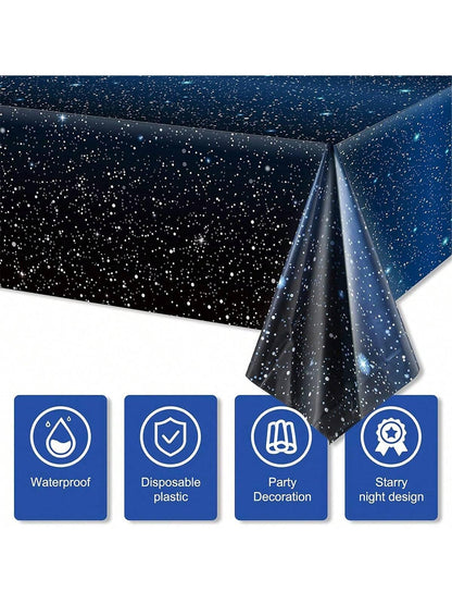 3pcs/pack 54'' X 108'' Space Galaxy Themed Disposable Tablecloth, Waterproof & Oil-proof Plastic Starry Sky Table Cover, Suitable For Space Theme Parties, Birthday Party Decorations - Lasercutwraps Shop