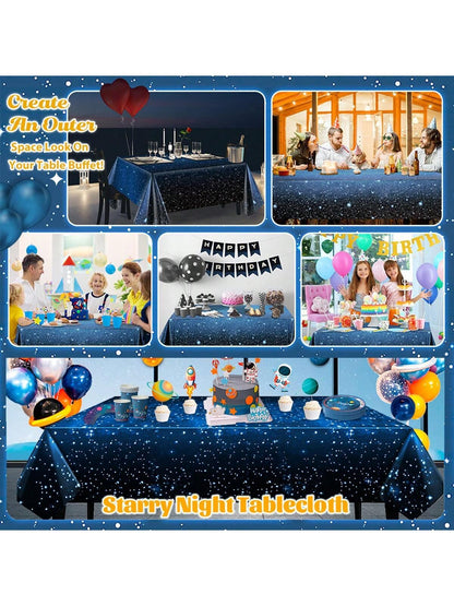 3pcs/pack 54'' X 108'' Space Galaxy Themed Disposable Tablecloth, Waterproof & Oil-proof Plastic Starry Sky Table Cover, Suitable For Space Theme Parties, Birthday Party Decorations - Lasercutwraps Shop