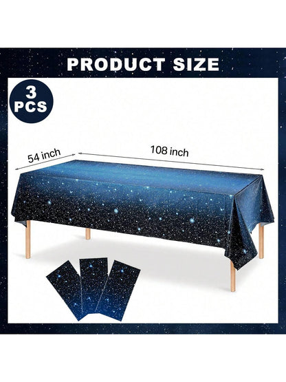 3pcs/pack 54'' X 108'' Space Galaxy Themed Disposable Tablecloth, Waterproof & Oil-proof Plastic Starry Sky Table Cover, Suitable For Space Theme Parties, Birthday Party Decorations - Lasercutwraps Shop