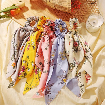 Chiffon Floral Print Hair Scarf Scrunchies, super soft Ribbon Bowknot Scarf Scrunchies - Lasercutwraps Shop