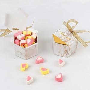 50pcs Marble Wedding Party Favor Boxes, Gold Candy Boxes Bags Hexagonal Chocolate Treat Gift Boxes with Ribbons - Lasercutwraps Shop