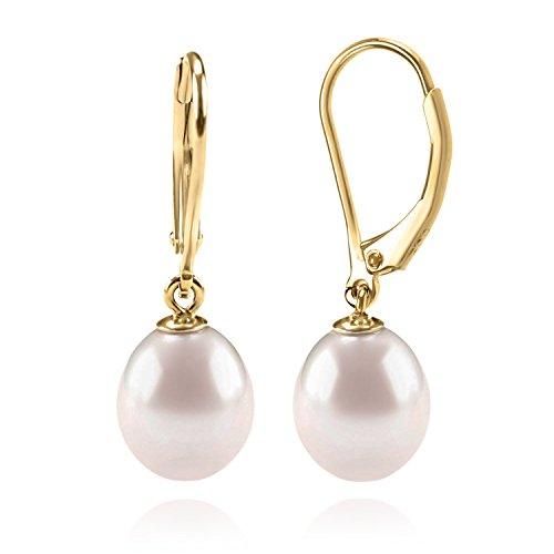 14K Yellow Gold Plated Freshwater Cultured Pearl Earrings Leverback Dangle Studs - Handpicked AAA Quality - Lasercutwraps Shop
