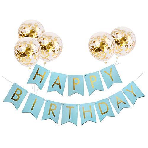 Light Blue HAPPY BIRTHDAY Banner with 5 pcs Gold Confetti Balloons - Lasercutwraps Shop