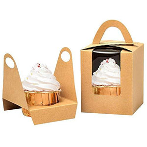 Kraft Cupcake Boxes,50pcs Single Cupcake Carrier with Window Insert and Handle Kraft Pastry Containers Muffins Cupcake Carriers for Bakery Wrapping Party Favor Packing - Lasercutwraps Shop
