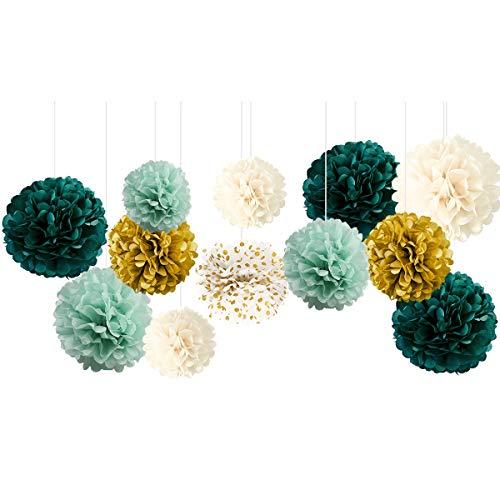 Wedding Party Decorations - 12 PCS Green Ivory Tissue Paper Pom Poms for Neutral Baby Shower, Birthday, Bridal Showers, Rustic Wedding Decorations - Lasercutwraps Shop