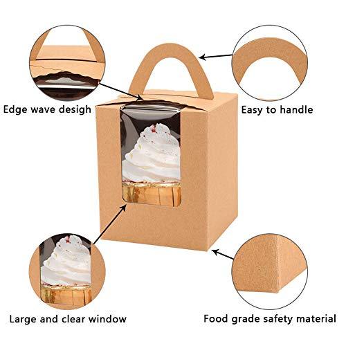 Kraft Cupcake Boxes,50pcs Single Cupcake Carrier with Window Insert and Handle Kraft Pastry Containers Muffins Cupcake Carriers for Bakery Wrapping Party Favor Packing - Lasercutwraps Shop