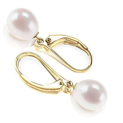 14K Yellow Gold Plated Freshwater Cultured Pearl Earrings Leverback Dangle Studs - Handpicked AAA Quality - Lasercutwraps Shop