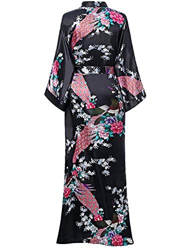 Women's Kimono Robe Long Robes with Peacock and Blossoms Printed Kimono Outfit (Black) - Lasercutwraps Shop