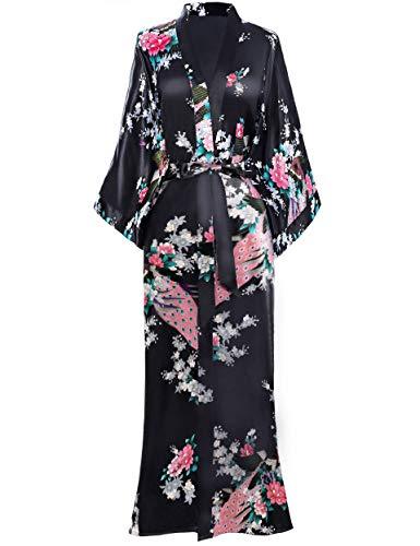 Women's Kimono Robe Long Robes with Peacock and Blossoms Printed Kimono Outfit (Black) - Lasercutwraps Shop