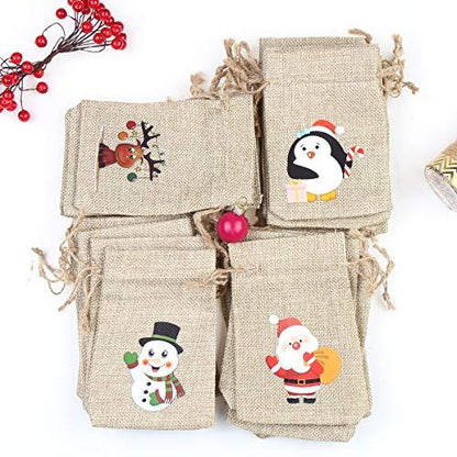 36pcs Christmas Linen Bags with Drawstrings Christmas Burlap Goody Gift Bags with Double Jute Drawstrings, 4 designs Snowman, Santa Claus, Penguin and Elk - Lasercutwraps Shop